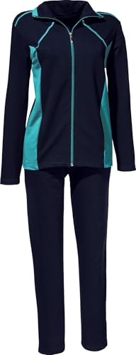 Erwin Müller Damen Sweat Freizeitanzug, Hausanzug, Jacke und Jogginghose marine/türkis Größe 36/38 - weich und elastisch von Erwin Müller