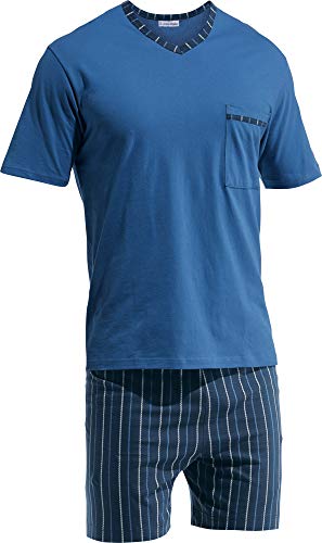 Erwin Müller Herren-Schlafanzug, Pyjama, Zweiteiler Single-Jersey blau/Marine Größe 102 - mit V-Ausschnitt und Brusttasche, Hose mit abgestepptem Gummibund, 100% Baumwolle von Erwin Müller