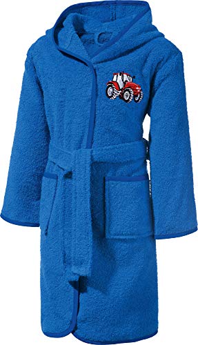 Erwin Müller Kinder-Bademantel mit Kapuze Frottier blau Größe 98/104 - saugstark, langlebig, mit Taschen und Bindegürtel, Stickerei Traktor von Erwin Müller