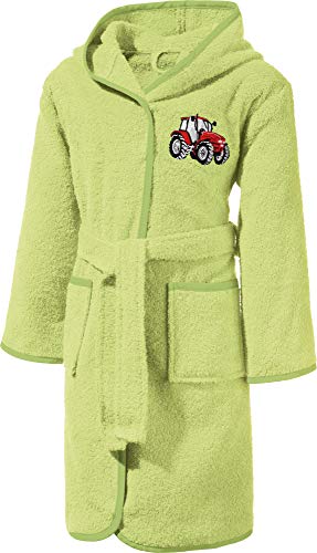 Erwin Müller Kinder-Bademantel mit Kapuze Frottier grün Größe 110/116 - saugstark, langlebig, mit Taschen und Bindegürtel, Stickerei Traktor (weitere Größen) von Erwin Müller