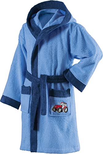 Erwin Müller Kinder-Bademantel mit Kapuze Frottier hellblau Größe 98/104 - mit Bindegürtel und Taschen, Stickerei Traktor von Erwin Müller