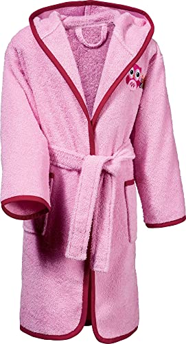 Erwin Müller Kinder-Bademantel mit Kapuze Frottier rosa Größe 110/116 - saugstark, langlebig, angenehm weich, mit Taschen und Bindegürtel, Stickerei Eule von Erwin Müller