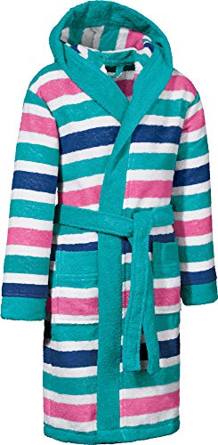 Erwin Müller Kinder-Bademantel mit Kapuze Frottier smaragd Größe 98/104 - saugstark, hautfreundlich, mit Taschen und Bindegürtel, Streifen von Erwin Müller