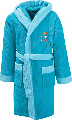 Erwin Müller Kinder-Bademantel mit Kapuze Frottier türkis Größe 86/92 - weich, hautfreundlich, mit aufgesetzten Taschen, Bindegürtel, Taucher-Stickerei von Erwin Müller