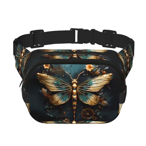 Quadratische, doppellagige Hüfttasche für Damen und Herren, goldfarben, zarter Libellen-Blumendruck, leichte Umhängetasche, zum Laufen, Wandern von Erwqavc