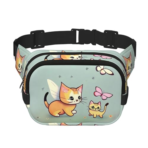 Quadratische doppellagige Hüfttasche für Damen und Herren, Kätzchen-Schmetterlings-Druck, leichte Umhängetasche, zum Laufen, Wandern Quadratische doppellagige Hüfttasche für Damen und Herren, Kätzchen-Schmetterlings-Druck, leichte Umhängetasche, zum Laufen, Wandern von Erwqavc