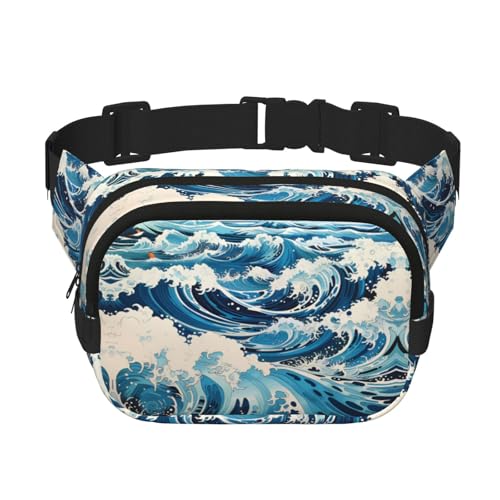 Quadratische doppellagige Hüfttasche für Damen und Herren, Ukiyo-e-Stil, Wellendruck, leichte Umhängetasche, zum Laufen, Wandern von Erwqavc