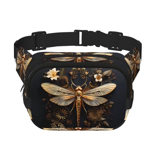 Quadratische doppellagige Hüfttasche für Damen und Herren, goldfarben, exquisiter Libellen-Druck, leichte Umhängetasche, zum Laufen, Wandern von Erwqavc