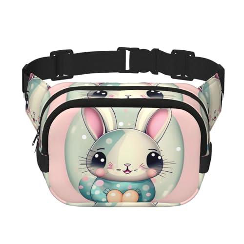 Quadratische doppellagige Hüfttasche für Damen und Herren, rosa Cartoon-Hasen-Druck, leichte Umhängetasche, zum Laufen, Wandern von Erwqavc