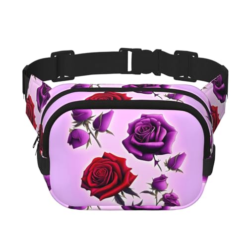 Quadratische doppellagige Hüfttasche für Damen und Herren, rote und violette Rosen, leichte Umhängetasche, zum Laufen, Wandern Quadratische doppellagige Hüfttasche für Damen und Herren, rote und violette Rosen, leichte Umhängetasche, zum Laufen, Wandern von Erwqavc