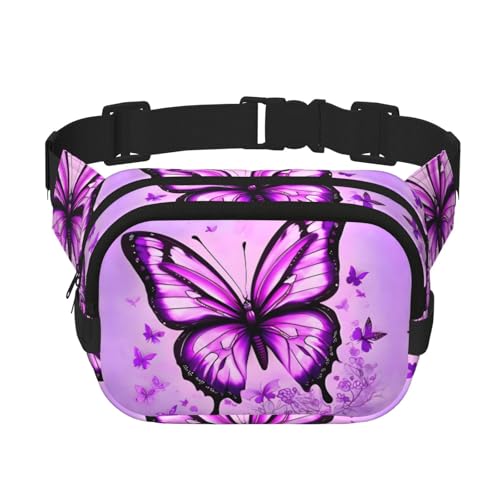 Quadratische doppellagige Hüfttasche für Damen und Herren, violetter Schmetterlingsdruck, leichte Umhängetasche, zum Laufen, Wandern Quadratische doppellagige Hüfttasche für Damen und Herren, violetter Schmetterlingsdruck, leichte Umhängetasche, zum Laufen, Wandern von Erwqavc