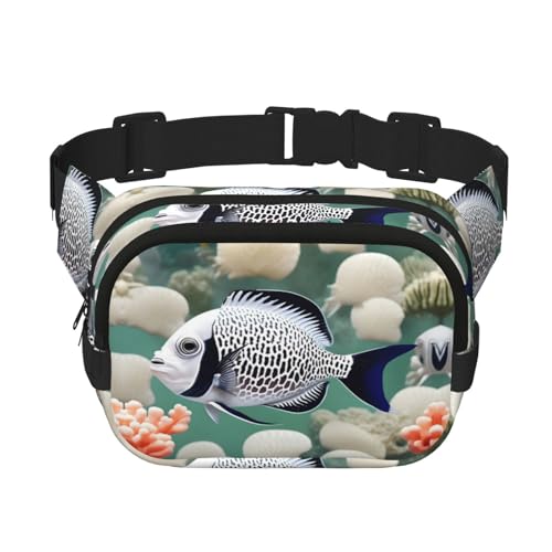 Quadratische doppellagige Hüfttasche für Damen und Herren, weißer tropischer Fischdruck, leichte Umhängetasche, zum Laufen, Wandern Quadratische doppellagige Hüfttasche für Damen und Herren, weißer tropischer Fischdruck, leichte Umhängetasche, zum Laufen, Wandern von Erwqavc