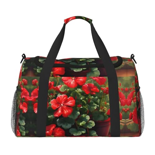 Reisetasche mit rotem Geranien-Druck, für Reisen, Schultertasche, Wochenend-Handtasche, Sporttasche, Turnbeutel für Damen und Herren Reisetasche mit rotem Geranien-Druck, für Reisen, Schultertasche, Wochenend-Handtasche, Sporttasche, Turnbeutel für Damen und Herren von Erwqavc