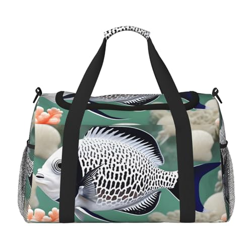 Reisetasche mit tropischem Fischdruck, für Reisen, Schultertasche, Wochenend-Handtasche, Sporttasche, Turnbeutel für Damen und Herren, Weiß Reisetasche mit tropischem Fischdruck, für Reisen, Schultertasche, Wochenend-Handtasche, Sporttasche, Turnbeutel für Damen und Herren, Weiß von Erwqavc