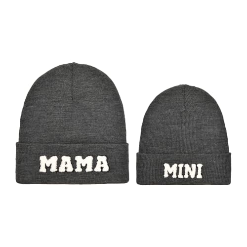 2PCS Eltern-Kind-Mütze Mama und Mini Hüte Mutter Tochter/Sohn Passende Mütze Winter Warme Strickmütze Beanie Cap, Dark Gery, Einheitsgröße von Erying