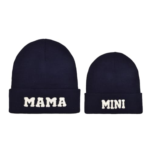 2 x Eltern-Kind-Mütze, Mama- und Mini-Hüte, passende Mütze, Winter, warme Strickmütze, Marineblau, Einheitsgröße von Erying