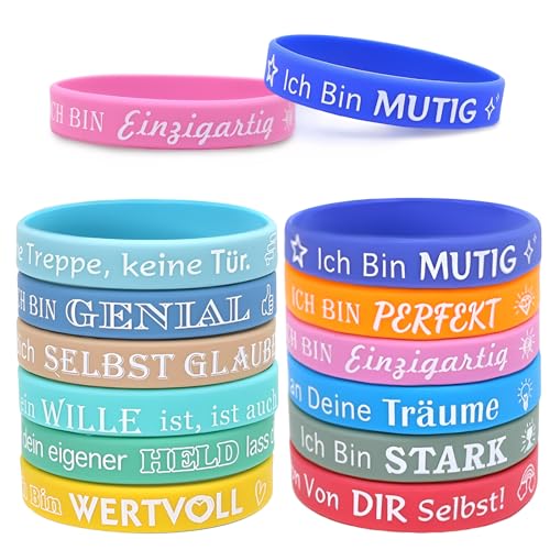 Erzekrim 24 Stück Motivationsarmbänder Kinder auf Deutsch, Silikon Armbänder, Motivierendes Silikonarmband in Mutmache, für Einschulung Geschenk, Abschiedsgeschenk, Party Mitgebsel von Erzekrim