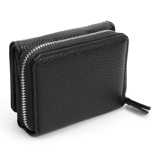 Erzekrim Geldbörse Damen, Leder Kleines Portemonnaie, Geldbeutel Damen Zipper mit 6 Kartenfächern, 1 Banknotenfach und 1 Münzfach, Schwarz von Erzekrim