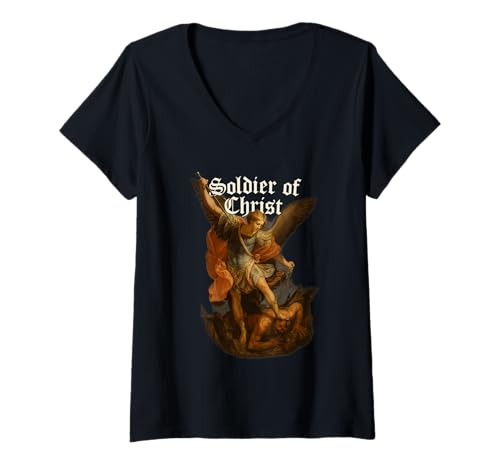 Damen Erzengel Michael besiegt Satan - Soldat Christi T-Shirt mit V-Ausschnitt von Erzengel Michael Gifts & Co.