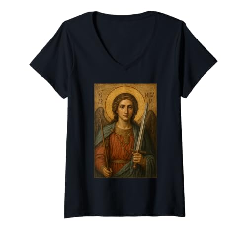 Damen Orthodoxe Ikone von Erzengel Michael T-Shirt mit V-Ausschnitt Damen Orthodoxe Ikone von Erzengel Michael T-Shirt mit V-Ausschnitt von Erzengel Michael Icons & Co.