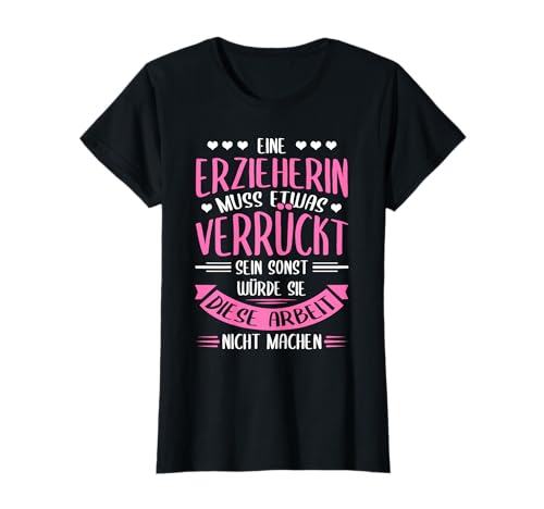 Erzieherin T-Shirt Verrückt Erzieherin Kindergärtnerin Damen Schwarz XS Klassische Passform V-Ausschnitt Halbarm Pull-On Cotton 50%, Polyester 50% von Erzieherin Tshirt