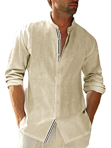 Herren Langarm Leinenhemd Baumwolle Lässig Shirts Stehkragen Freizeithemd Frühling Herbst Männer Tops, Beige, L von Erzto