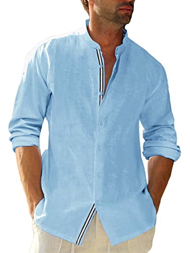 Herren Langarm Leinenhemd Baumwolle Lässig Shirts Stehkragen Freizeithemd Frühling Herbst Männer Tops, Blau, M von Erzto