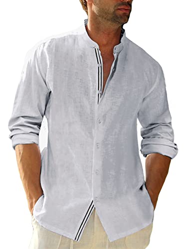 Herren Langarm Leinenhemd Baumwolle Lässig Shirts Stehkragen Freizeithemd Frühling Herbst Männer Tops, Weiß, L von Erzto