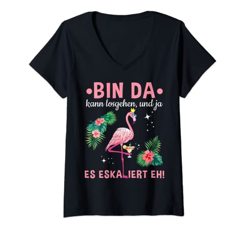 Damen Bin Da Kann Losgehen Mädelsabend Flamingo T-Shirt mit V-Ausschnitt von Es Eskaliert Eh Frauen JGA Party Flamingo