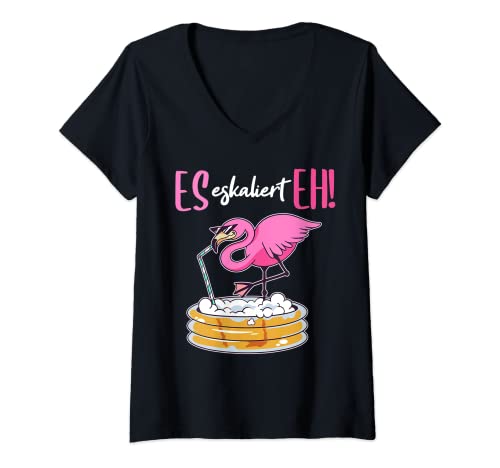 Damen Es Eskaliert Eh Flamingo T-Shirt mit V-Ausschnitt von Es eskaliert Eh Motiv Saufen Feiern