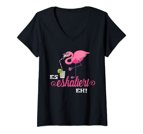 Damen Flamingo Shirt Es eskaliert eh Malle Party Outfit JGA Frauen T-Shirt mit V-Ausschnitt von Es eskaliert eh Damen T-Shirts Flamingo