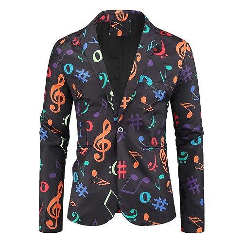 Herren Floral Smoking Jacke,Charm Musik Symbole Drucken Anzug Mantel Loose Fit Sportjacken Geeignet Für Party Date Abschlussball Hochzeit Smart Blazer,XL von EsUkar