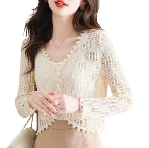 Women's Bolero,Damen-Bolero-Cardigan Mit Langen Ärmeln Gehäkelt Blumenspitze V-Ausschnitt Netzjacke Kurzer Knopf Elegante Schulterjacke Durchsichtig Überzug Für Kleider Beige L von FWSHANGMAO