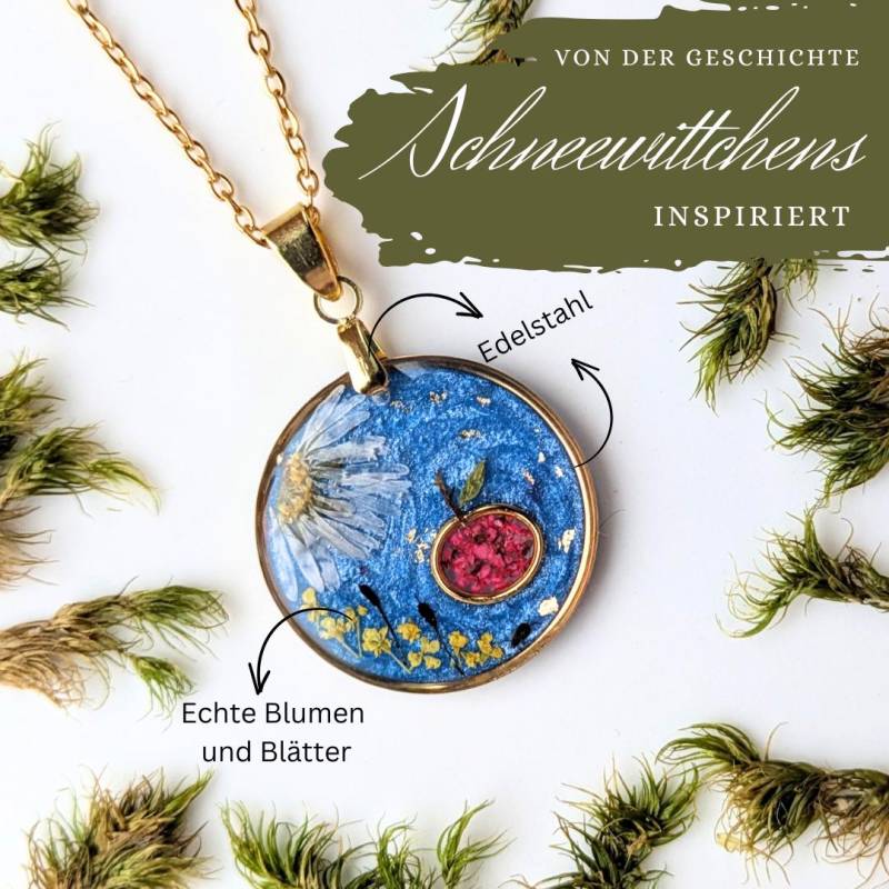 Blumen-Halskette Rund, Handgefertigt Mit Harz Und Echten Blättern, Edelstahl 45 cm Apfel-Motiv, 2, 5 cm, Blau von EsWarEinmalbyVe