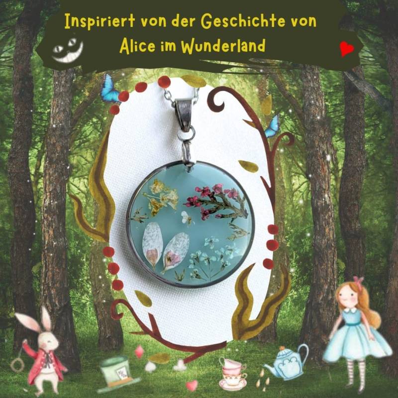 Handgefertigte Blumen-Halskette, Epoxidharz-Anhänger Rund 2, 5 cm, Edelstahlkette 45 Hellblau von EsWarEinmalbyVe