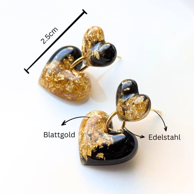 Handgefertigte Herz-Ohrringe, Schwarz-Gold Mit Blattgold, 2, 5 cm, Edelstahl-Verschluss von EsWarEinmalbyVe