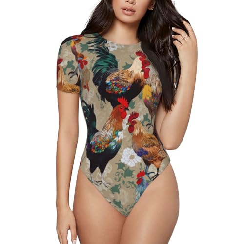 Esasam Hahn und Huhn Print Print Damen Kurzarm Onesie Stilvoll und Bequem Damen Kurzarm Onesie, Schwarz , L von Esasam