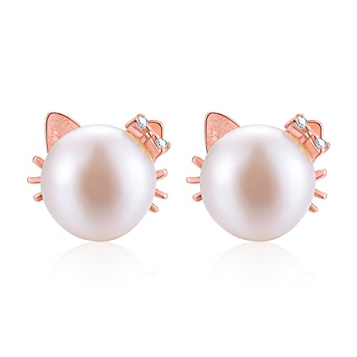 ✦Ostergeschenke Kinder✦ Winglove 18 Karat Vergoldung Ohrringe Silber 925 Katze Ohrstecker Natürliche Süßwasser Muschelperle Nette Katze Ohrringe Schmuck Damen Geschenke für Frauen.(Rose Gold-2) von Winglove