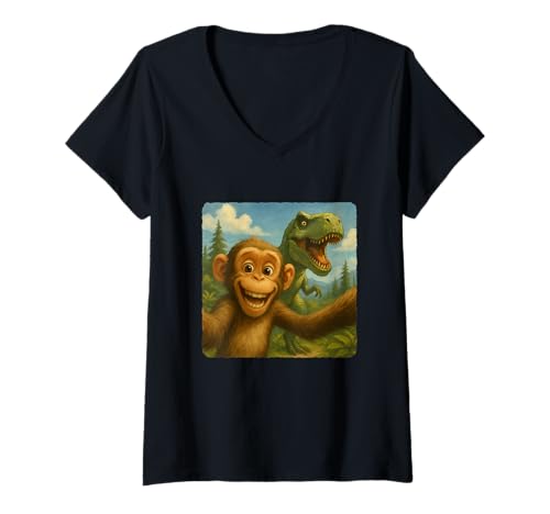 Damen AFFE Selfie T-Rex Dinosaurier Chase Lustiger Humor T-Shirt mit V-Ausschnitt von Escape Adventure Prehistoric Comical Ancient