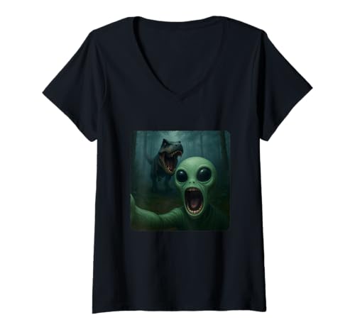 Damen Alien Selfie T-Rex Dinosaurier Chase Lustiger Humor T-Shirt mit V-Ausschnitt von Escape Adventure Prehistoric Comical Ancient