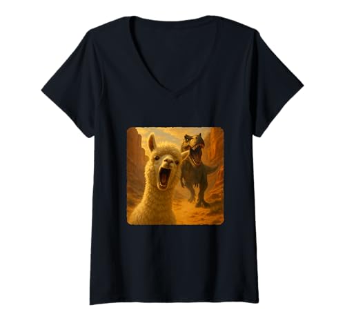 Damen Alpaka Selfie T-Rex Dinosaurier Chase Lustiger Humor T-Shirt mit V-Ausschnitt von Escape Adventure Prehistoric Comical Ancient