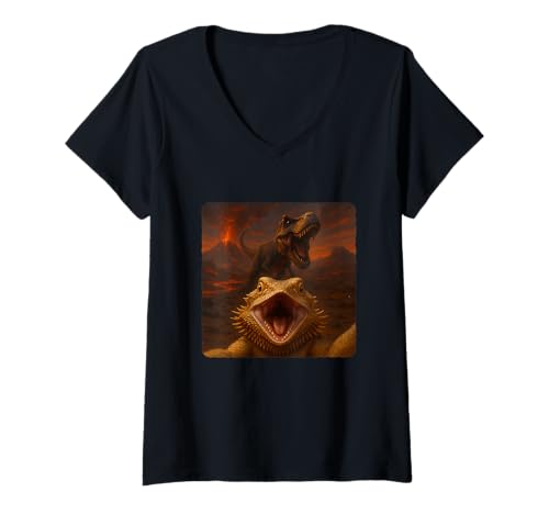 Damen Bartdrache Selfie T-Rex Dinosaurier Chase Lustiger Humor T-Shirt mit V-Ausschnitt von Escape Adventure Prehistoric Comical Ancient