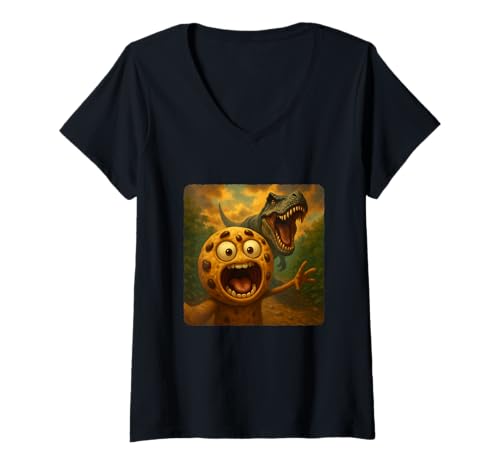 Damen Cookie Selfie T-Rex Dinosaurier Chase Lustiger Humor T-Shirt mit V-Ausschnitt von Escape Adventure Prehistoric Comical Ancient