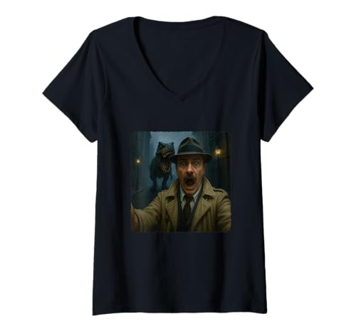 Damen Detektiv Selfie T-Rex Dinosaurier Chase Lustiger Humor T-Shirt mit V-Ausschnitt von Escape Adventure Prehistoric Comical Ancient
