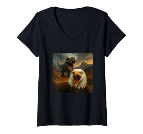 Damen Eagle Selfie T-Rex Dinosaurier Chase Lustiger Humor T-Shirt mit V-Ausschnitt von Escape Adventure Prehistoric Comical Ancient