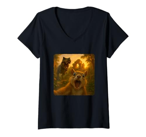 Damen Eichhörnchen Selfie T-Rex Dinosaurier Chase Lustiger Humor T-Shirt mit V-Ausschnitt von Escape Adventure Prehistoric Comical Ancient