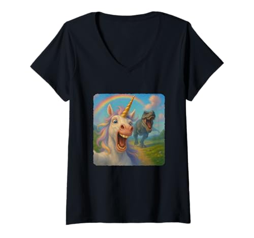 Damen Einhorn Selfie T-Rex Dinosaurier Chase Lustiger Humor T-Shirt mit V-Ausschnitt Damen Einhorn Selfie T-Rex Dinosaurier Chase Lustiger Humor T-Shirt mit V-Ausschnitt von Escape Adventure Prehistoric Comical Ancient