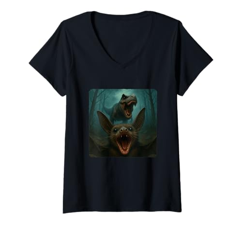 Damen Fledermaus Selfie T-Rex Dinosaurier Chase Lustiger Humor T-Shirt mit V-Ausschnitt von Escape Adventure Prehistoric Comical Ancient