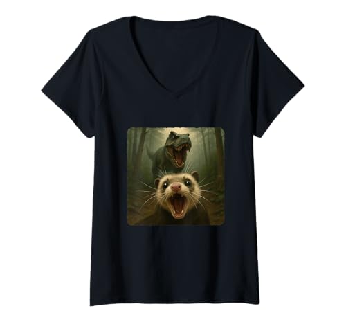 Damen Frettchen Selfie T-Rex Dinosaurier Chase Lustiger Humor T-Shirt mit V-Ausschnitt von Escape Adventure Prehistoric Comical Ancient