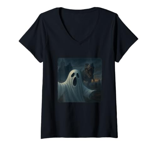 Damen Ghost Selfie T-Rex Dinosaurier Chase Lustiger Humor T-Shirt mit V-Ausschnitt von Escape Adventure Prehistoric Comical Ancient